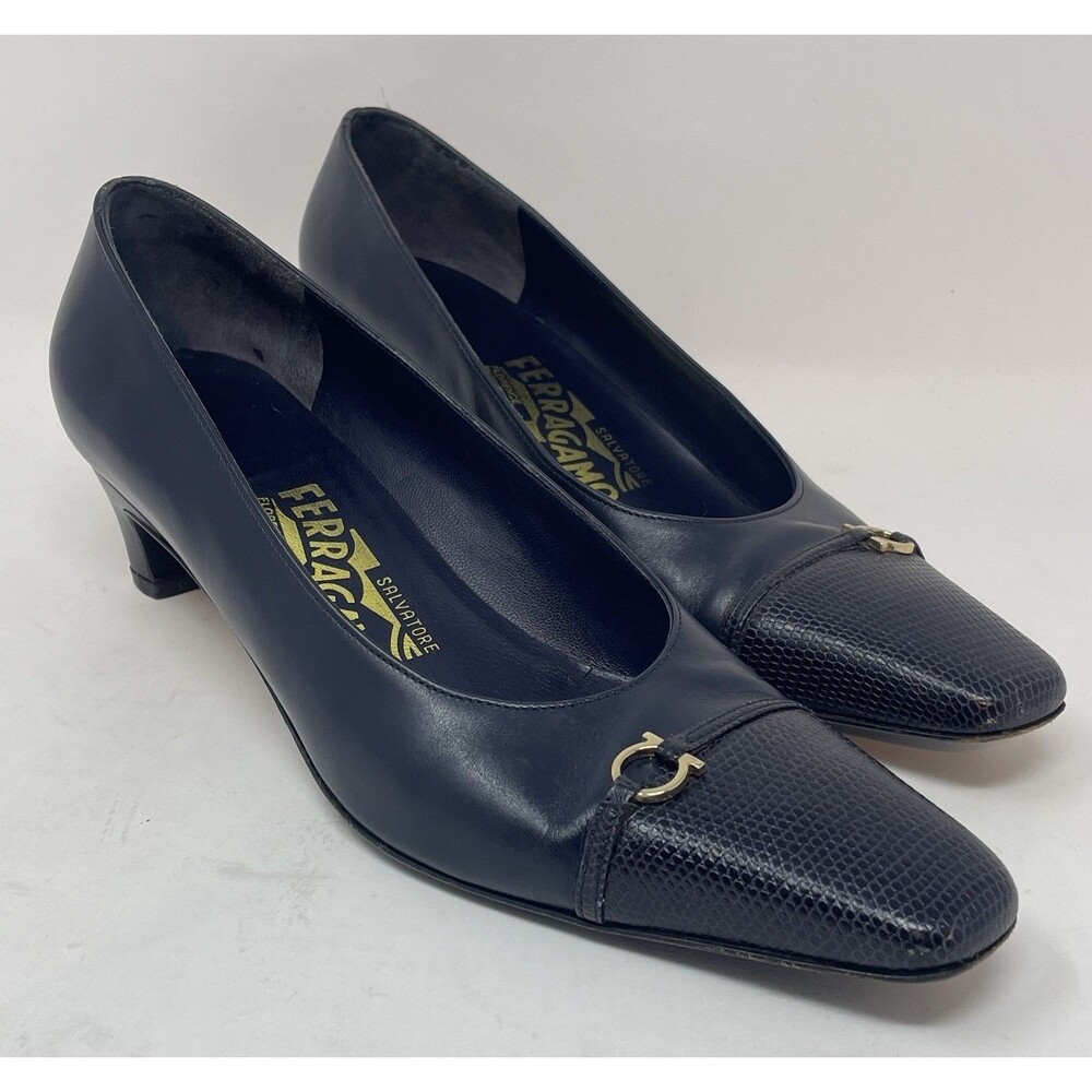 Salvatore Ferragamo Navy Blue Leather Gancini Lizard Effect Toe Heel Pumps 6.5 B